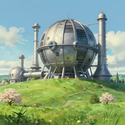 a beautiful impressive science fiction big factory with a spherical architecture designed by boeing military and star wars with fat cables and pipes at its base, on a beautiful green hill in a the french countryside during spring season, painting by studio ghibli backgrounds and frederic edwin church hd, nice spring afternoon lighting, smooth tiny details, soft and clear shadows, low contrast, perfect