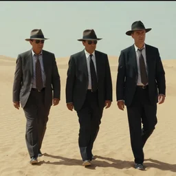 three men in suits and hats walking in the desert, a screenshot by rene burri, trending on pinterest, incoherents, # vfxfriday, filmic, # film