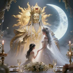 a dreamlike portrait of wedding photograph close up moment of a divine a taiwan sun god and moon goddess lovers magician at a wedding banquet. anime key visual, official media, weathering with you art masterpiece by wlop and krenz cushart, extremely detailed, 8 k, trending on artstation, cinematic lighting, beautiful, mist, photorealistic, octane render, unreal engine, hyper detailed, volumetric lighting. concept art. fantasy wedding photo.