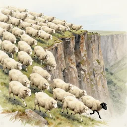 hundreds of white sheep running in the direction of a cliff and we can see them falling down the rocks below, there is one black sheep going against the crowd, 1 9 0 0 colored sketching, lateral medium shot