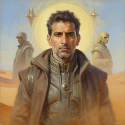 portrait oil painting, perfect expression, subconscious connects, purified consciousness, frontline commander kash patel, dune, foundation, fantasy character portrait, ultra realistic, wide angle, intricate details, mass effect, artifacts, luminous skies, highly detailed, michael cheval, peter mohrbacher, boris vallejo, jessica rossier, oil painting, highly detailed, cinematic lighting, unreal, natural tpose
