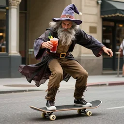 a wizard riding a skateboard while drinks a delicious michelada