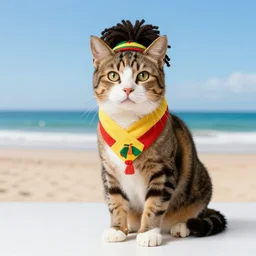 professional photo of a rastafarian cat, enjoying a day at the beach, rasta, beach at the background, studio lighting, very detailed, unreal engine, cgsociety, canon photo, professional lighting, good composition, winning award photo, real cat, real, cg