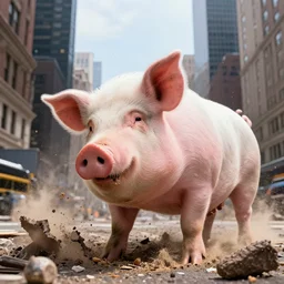 award winning photo of a giant pig destroying new york