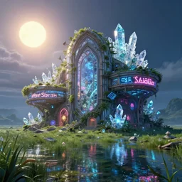 building by william pereira, myst sea studio ghibli neon signs reclaimed by nature postcyberpunk universe lightpaint landscape meadow water fantasy nightvision crystal otherworldly morning sun made of glass azeroth magic realism evil, archdaily, wallpaper, highly detailed, trending on artstation.