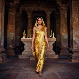lomography, full body portrait photo of women like reol from a distance as a priestess walking towards a alter in a ancient temple interior, moody, realistic, dynamic perspective pose, dark, skin tinted a warm tone, hdr, rounded eyes, detailed facial features, colorful, gold