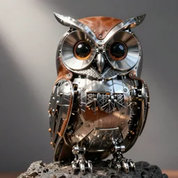 drawing of an mechanical owl, she is made from stainless steel and leathwr