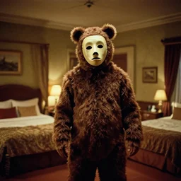 photoreal cinematography of a dyke richards designed creepy 1 9 2 0's man in bear costume & theatre mask from stanley kubrick's film the shining, inside the elstree studios soundstage set for the overlook hotel guest rooms shot on 3 5 mm eastman 5 2 4 7 film by the shining cinematographer john alcott shot on a cooke panchro 1 8 mm lens
