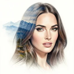 realism sketch of megan fox face blended with beautiful mountain scenery in the style of dan mountford, double exposure, hyper realistic, amazing detail, black and white