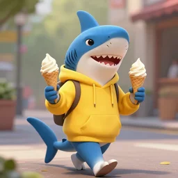 furry art of female shark walking down the street holding an icecream cone, digital art, artstation, 4K, detailed, wearing yellow hoodie, zootopia, detailed face, anthromorphic,