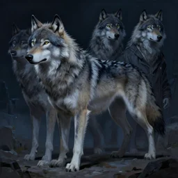 concept art of anthropomorphized wolf fullbody, night theme, highly detailed painting by dustin nguyen, akihiko yoshida, greg tocchini, 4 k, trending on artstation, 8 k