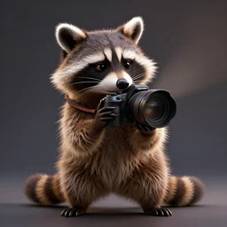 a hyperrealistic 3 d octane render of a raccoon holding a dslr camera taking a photograph, photorealism, unreal engine, dramatic lighting, volumetric lighting, uplighting