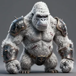 angry tough rough looking albino gorilla. scars, battle damage, scratched armor, interesting 3 d character concept by square enix, in the style of league of legends, hyper detailed, character modeling, cinematic, final fantasy, video game character concept, ray tracing, fur details, maya, c 4 d