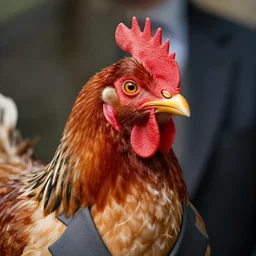 a high detail shot of a chicken wearing a suit, realism, 8k