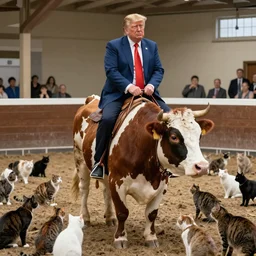 Donald Trump riding a cow in an arena filled with cats
