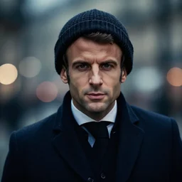 emnuel macron wearing a toque, moody, cinematic colors, bokeh