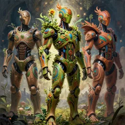 a hyper - detailed fine painting of a synthetic humanoid cyborg hybrid half cybernetic and half made of plants and wood, concept art magical highlight, full color tribal and technologic art, variations and fulcolor futuristic