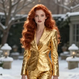 portrait of a woman with long red hair, very beautiful style, the girl standing, in a gold suit, photorealism, against a winter garden, vanya comoretti,
