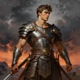 frazetta painting handsome young male warrior, a turbulent and stormy sky at sunset, detailed