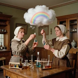 realistic photo two medieval female scientists doing an experiment with a cloud and rainbow, living room interior is made of wood 1 9 9 0, life magazine reportage photo