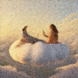 a man and a woman floating on a cloud having a drink of Champaign high in the sky above Sint-Marteen and , naive artstation, matte painting, goldenhour, unreal engine scenic environment by James Gilleard