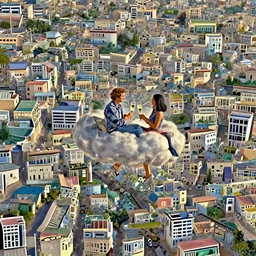 a man and a woman floating on a cloud having a drink of Champaign high in the sky above Sint-Marteen and , naive artstation, matte painting, goldenhour, unreal engine scenic environment by James Gilleard