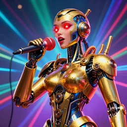 portrait photo of a giant huge golden and blue metal humanoid steampunk cyborg female singer with a human face and gears and tubes, in the foreground is a big red glowing microphone, eyes are glowing red lightbulbs, shiny crisp finish, 3 d render, 8 k, insaneley detailed, fluorescent colors, background is multicolored lasershow