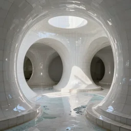 photo of a bizarre oddly-shaped interior covered by ceramic white tiles with shallow water everywhere on the ground