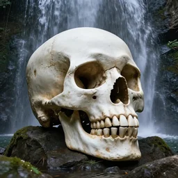 a very large rock in the shape of a large skeleton skull, underneath waterfalls, photo realistic, 4 k