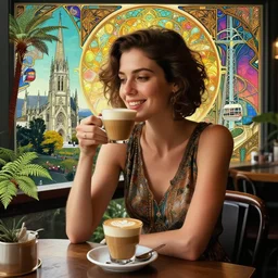 beautiful happy slim young woman enjoying a flat white coffee at a cafe while on holiday in christchurch, new zealand. high quality cinematic art nouveaux 1 9 2 0 s art deco fantasy digital render art in the style of alphonse mucha. 4 k wallpaper. dramatic lighting. silver fern. kiwiana. recognisably new zealand. stunning. elegant. romantic. vibrant. saturated. intricate. cyberpunk utopian. christchurch cathedral. hagley park. the gondola.