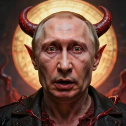 shocked face of putin demon, hell, hyper - realistic, sharp focus, depth of field, hyper - detailed visionary art, symmetric, hell, holy halo, dramatic ambient lighting, high detail, vibrant colors, the thing 1 9 8 2