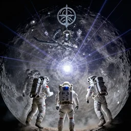 astronauts drawing down the moon, sigils, photorealistic, technical, royo, frazetta, giger, leds, dust, laser light, crystalline shimmers, chaos, complexity, emergence,