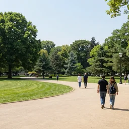 people walking in a park on a sunny day