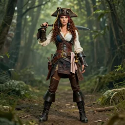 full body photo of a steampunk pirate woman, hyperrealistic