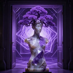 beautiful mannequin sculpted out of onyx wearing a crown of purple bonsai trees by billelis + lit with geometric neon printed lavender kintsugi!!! + doorway opening to a new dimension with geometric fractal vaporwave light, transcendent, clean linework, dramatic, moody, finely detailed, 4 k, trending on artstation, award winning, photorealistic, volumetric lighting, octane render