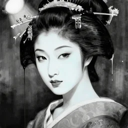 highly detailled black and white portrait of a geisha, night club, intimate, pastel blue colors, beautiful face, rule of thirds, spotlight, drips of paint, expressive, passionate, by greg rutkowski, by jeremy mann, by francoise nielly, digital painting