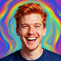 a portrait of a laughing man with ginger hair, by ross tran, psychedelic, trippy, rainbow, distorted