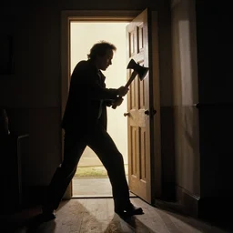 ben stiller starring in the shining with axe chopping down door, cinematic still,