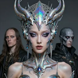 hyperrealistic detailed portrait of a beautiful goddess in an iridescent cyber headdress, intricate cyberpunk make - up, art by android jones, john william godward, nekro borja, h. r. giger, gothic - cyberpunk,