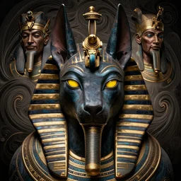 close up portrait of evil anubis, egyptian symbolism, fair olive skin, yellow pupils, sneering moroccan man by artgerm, cushart krenz, greg rutkowski, mucha. art nouveau. gloomhaven, swirly looping ripples, dark colors, sharp edges. ultra clear detailed. 8 k. elegant, intricate, octane render