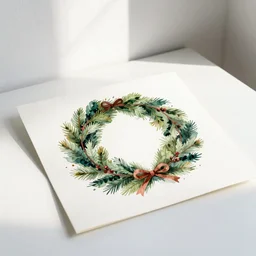 watercolor painting of christmas wreath on white paper, bright, white table, white walls