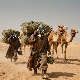 several stoner merchants in robes with integrated bong gas mask appliances, carrying bales of herbs across an alien desert with camel-like creatures in tow. Album art by Arik Roper