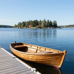 a small wooden boat moored to a jetty on the island in the stockholm. archipelago