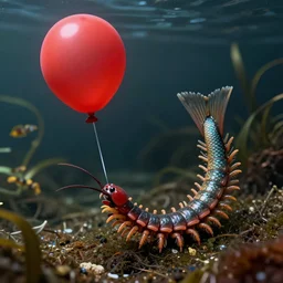 a scolopendra with a fish tail holding a red baloon in a leg, phorealistic marine scene, detailed, volumetric light