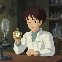 studio ghibli dull colors interior portrait cartoon from close encounters of the third kind 1 9 7 7 of a young skinny grey pocketwatch scientist talking in his laboratory.