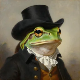a head and shoulder portrait painting of an [ anthropomorphic amazon milk frog ] wearing a colonial outfit ( hat ) looking off camera, a character portrait : : american romanticism : : oil on canvas : : soft focus