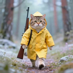 portait of a cat wearing a yellow raincoat, venturing through the siberian forest, carrying a large rifle on a sling. realistic 4 k octane render, epic composition, magical atmosphere, ultra hd, masterpiece by pascal campion and anton fadeev, trending on artstation, walking towards the camera, pastel colors, extremely detailed, gorgeous