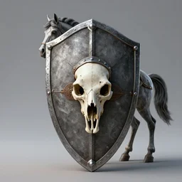 a wakandian style medieval long iron shield with a skull of a giant horse in one side that shows the concept of inequity