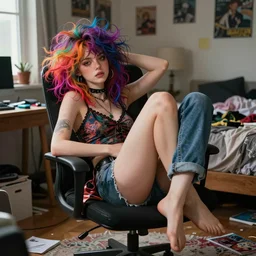 a stylish girl with freckles and wild colorful hair lounges in a chair in her messy bedroom | | fine detail!! anime!! realistic shaded lighting!!, directional lighting 2 d poster by ilya kuvshinov, magali villeneuve, artgerm, jeremy lipkin and michael garmash and rob rey