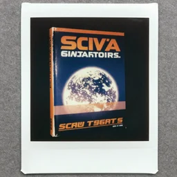 aged polaroid analog photo of a vintage sci-fi book cover, color bleed, film grain